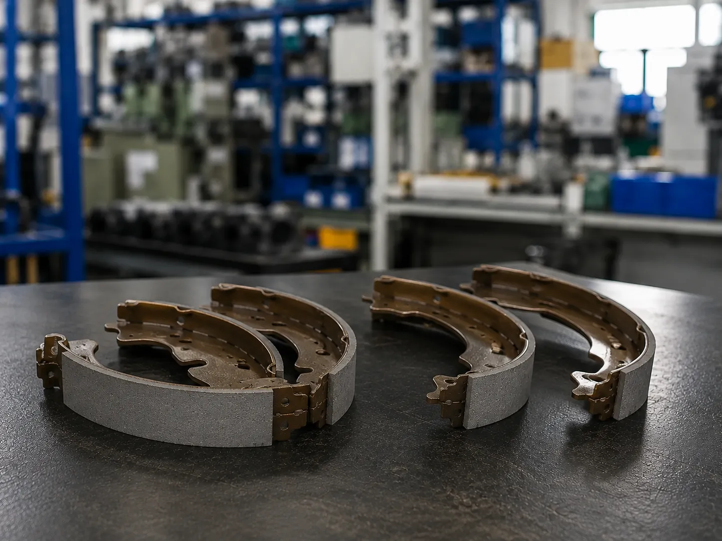 Agterste trommelremskoene vir passasiersmotors op 'n fabriekswerkbank