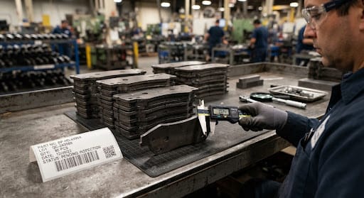 Laser-cut brake pad backing plate thickness verification against a standard gauge block before production stamping release. Laser-cut brake pad backing plate thickness verification against a standard gauge block before production stamping release.