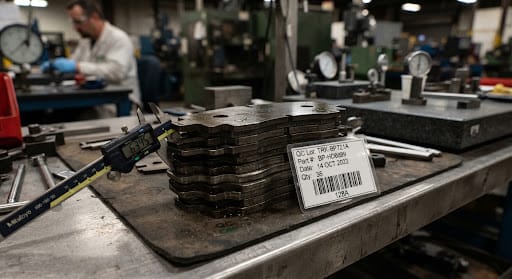 Plat sokongan keluli pad brek automotif tugas berat disusun pada bangku pemeriksaan kawalan kualiti perindustrian. Plat sokongan keluli pad brek automotif tugas berat disusun pada bangku pemeriksaan kawalan kualiti perindustrian.