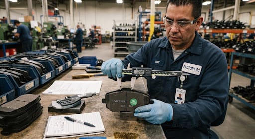Close-up factory quality control inspection measuring brake pad friction material depth with a digital vernier caliper. Close-up factory quality control inspection measuring brake pad friction material depth with a digital vernier caliper.
