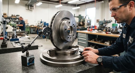 Rotational dial indicator fixture measuring circumferential runout and disc thickness variation on a machined brake rotor friction surface. Rotational dial indicator fixture measuring circumferential runout and disc thickness variation on a machined brake rotor friction surface.