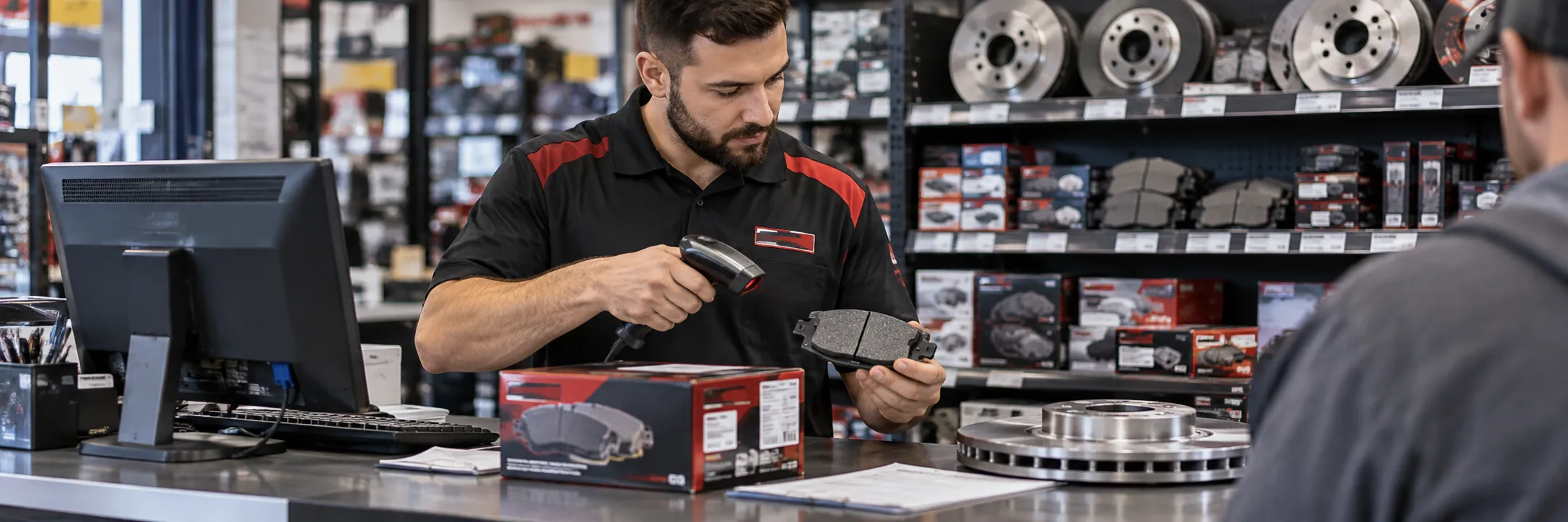 Counter employee scanning and checking a brake part
