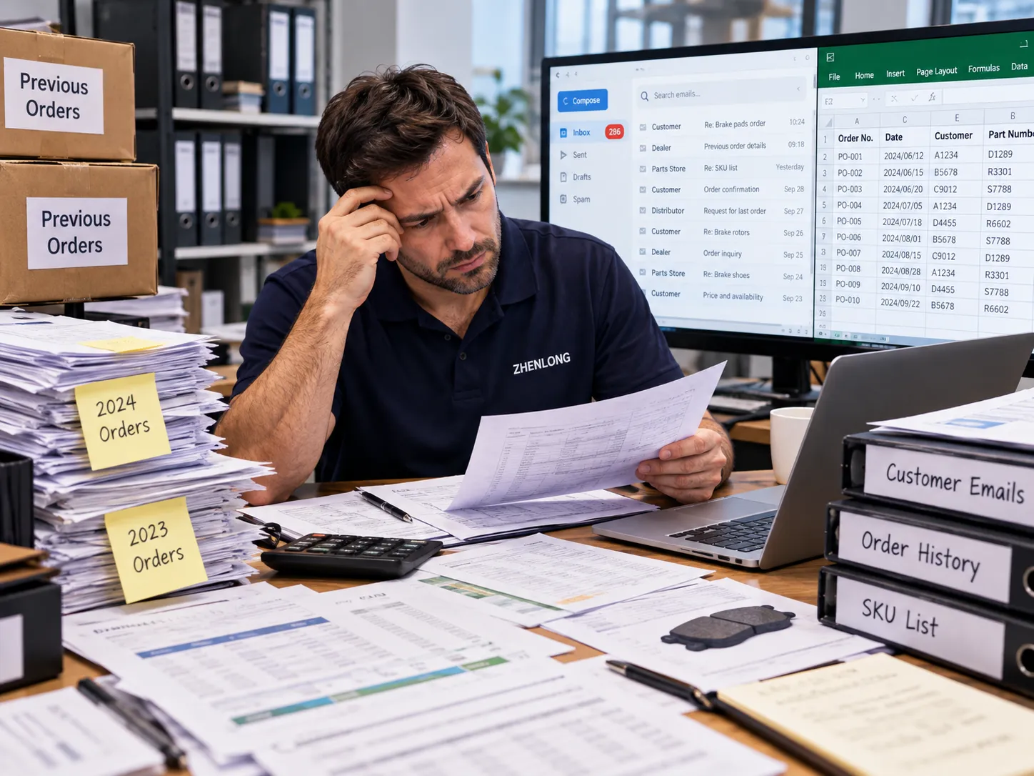Buyer checking old orders and spreadsheets