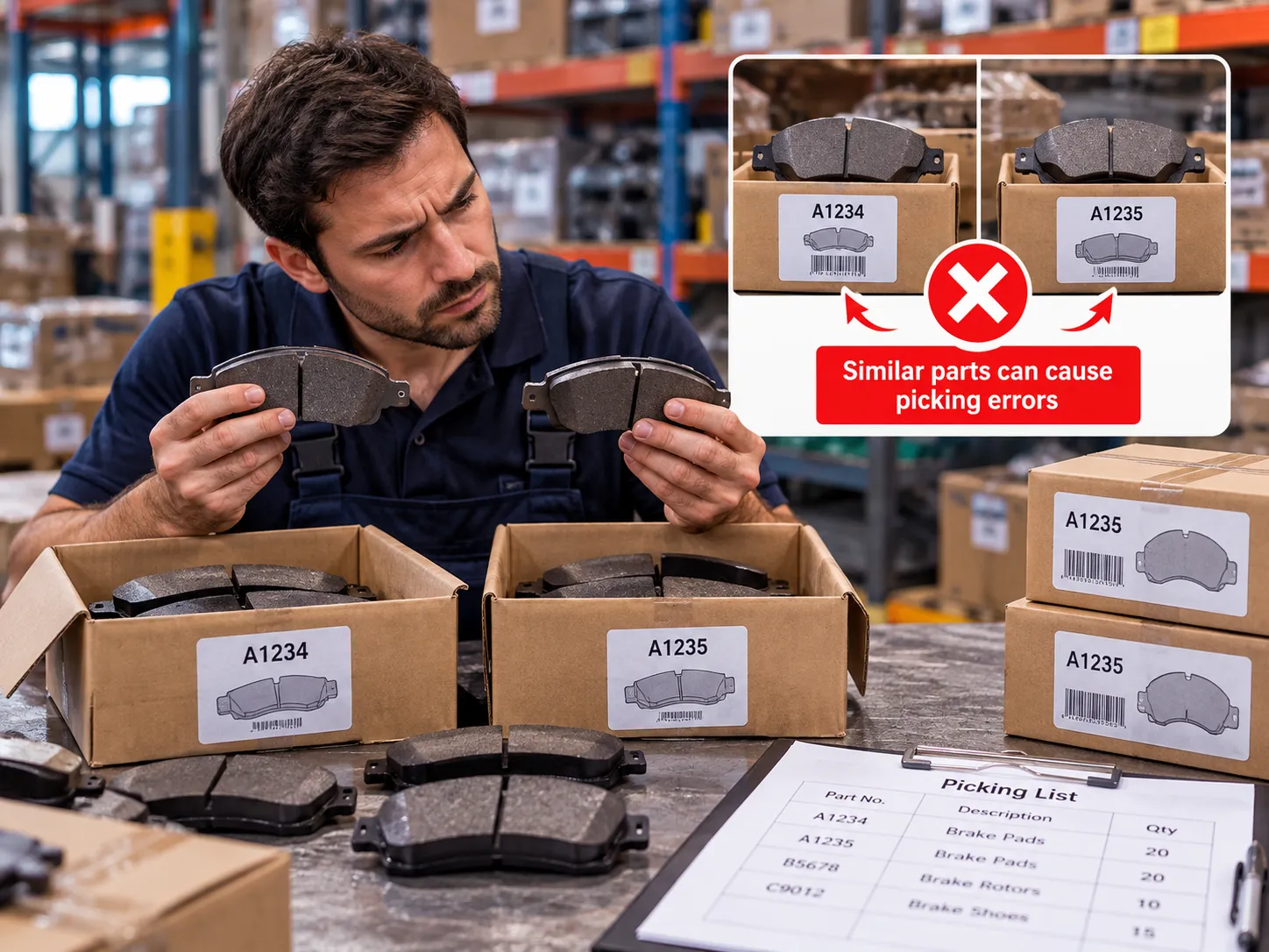 Similar boxes and staff comparing part numbers